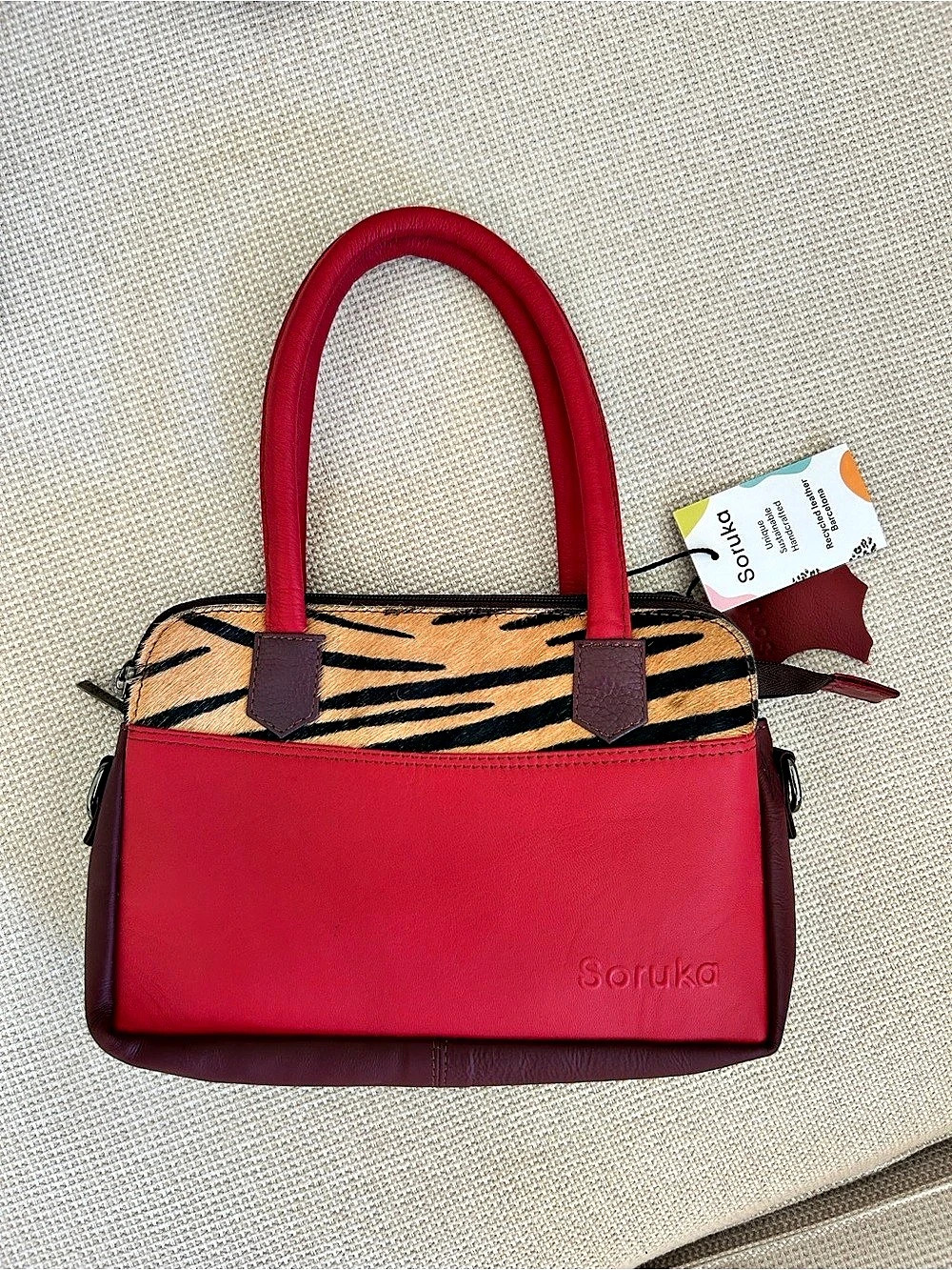 Soruka Leather Shoulder Bag in Red & Brown NWT